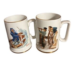 Set of 2 Norman Rockwell Vintage Mugs “Braving The Storm” & “River Pilot” Mugs